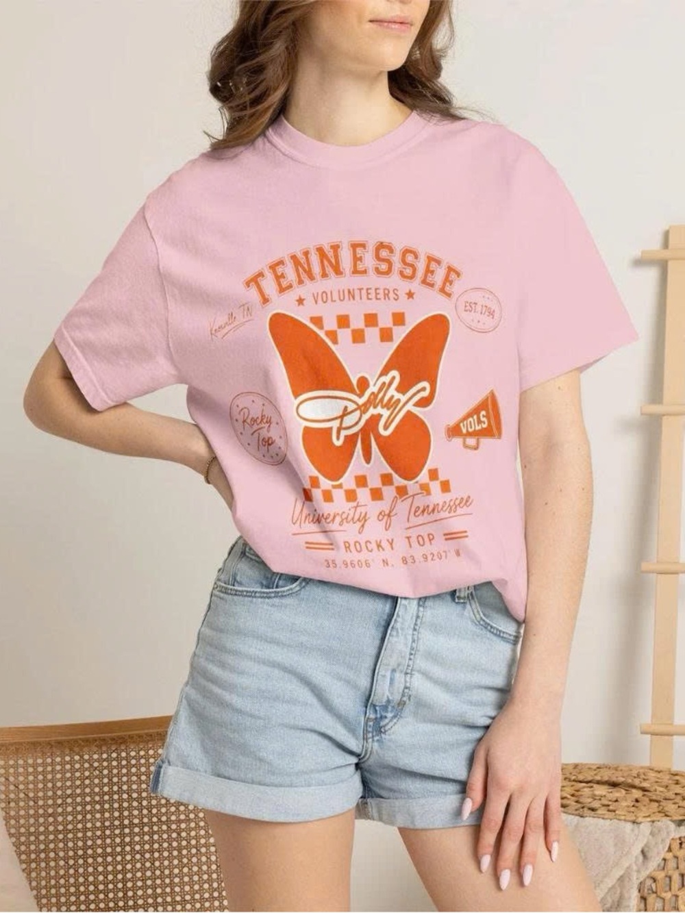 Vintage Dolly Pink Short-Sleeve Tee with Orange Butterfly Tennessee Graphic